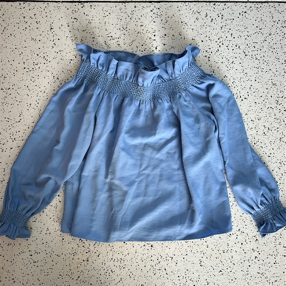 Tuckernuck off the shoulder sky blue ruffled blouse, size small